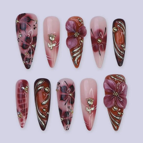 Hand Crafted Other - Press On Nails with 3D Floral Burgundy & Gold Line | Fake Nails in Long Almond